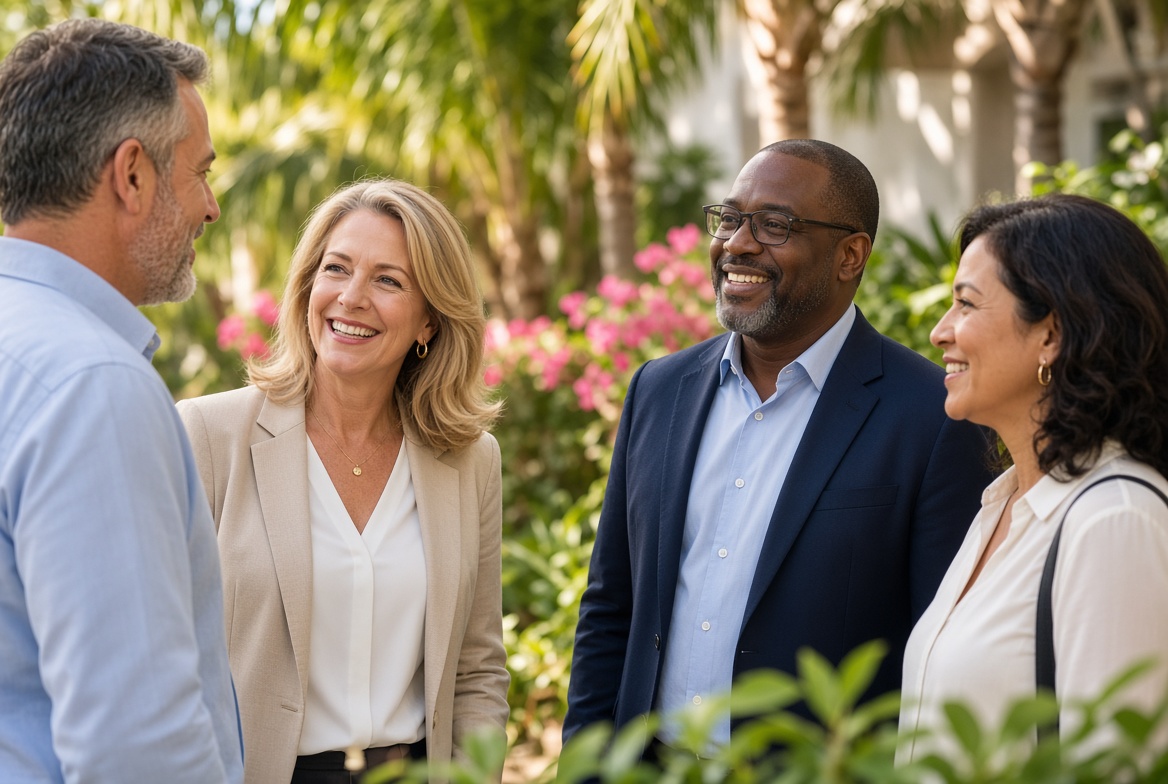 Clients talking outdoors